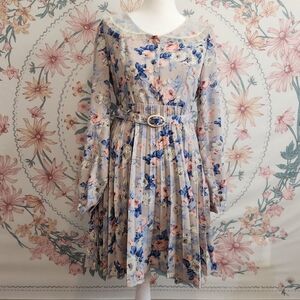 An another Angelus blue pink floral dress long sleeve sailor coller Belted plead